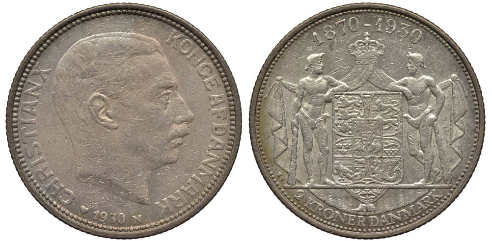 Дания 2 кроны 1930 N; AH, 60 лет королю Кристиану X (1870-1930) KM 829 серебро 69-425