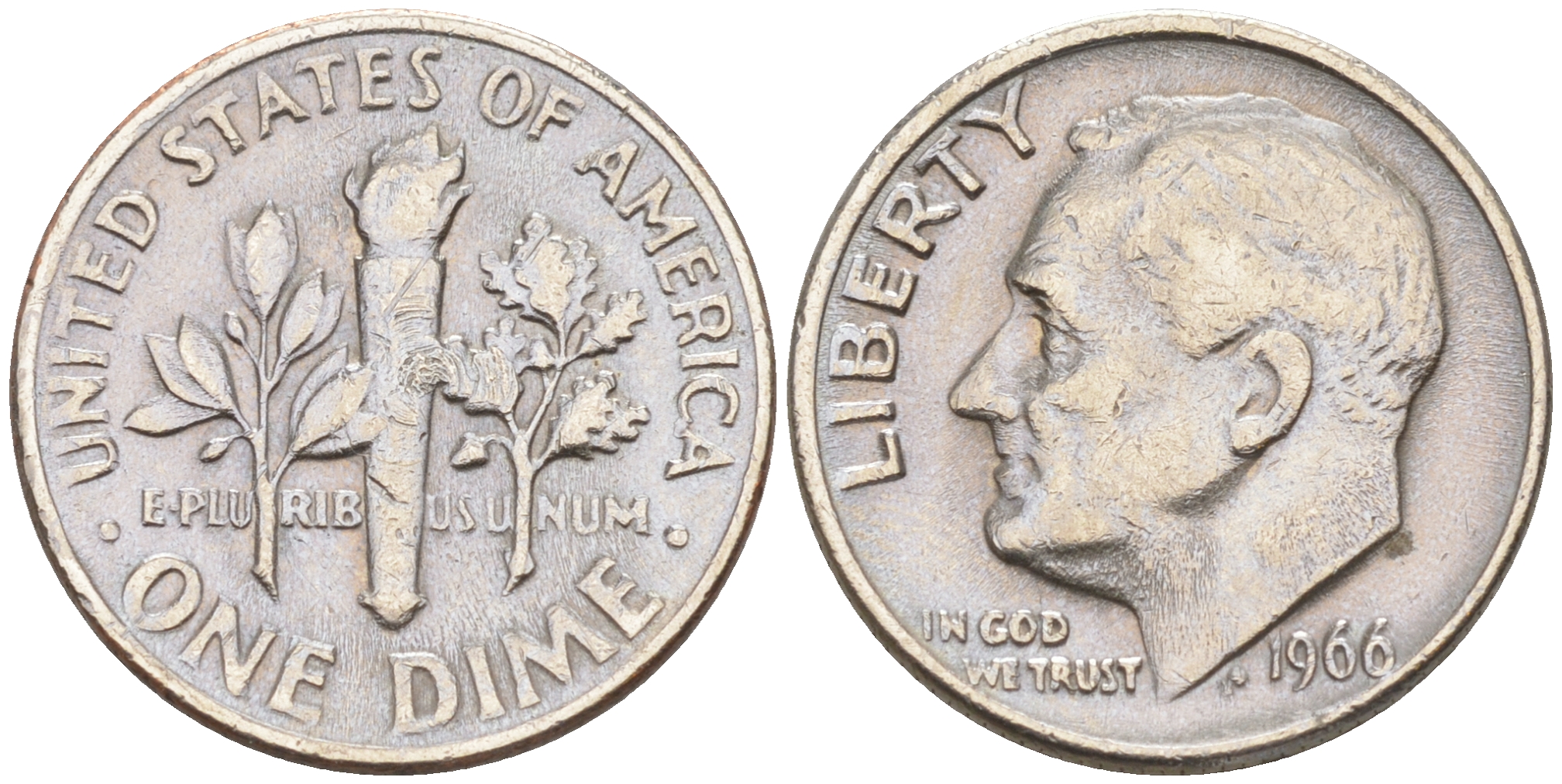 США 10 ЦЕНТОВ = 1 ДАЙМ 1966 РУЗВЕЛЬТ KM 195a медь плакированная медно-никелем 188-413