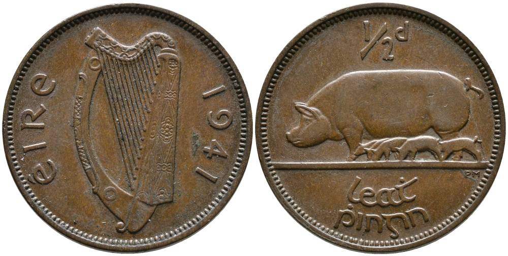 Ирландия 1/2 пенни 1941 свинья с поросятами KM 10 бронза 4525-1114