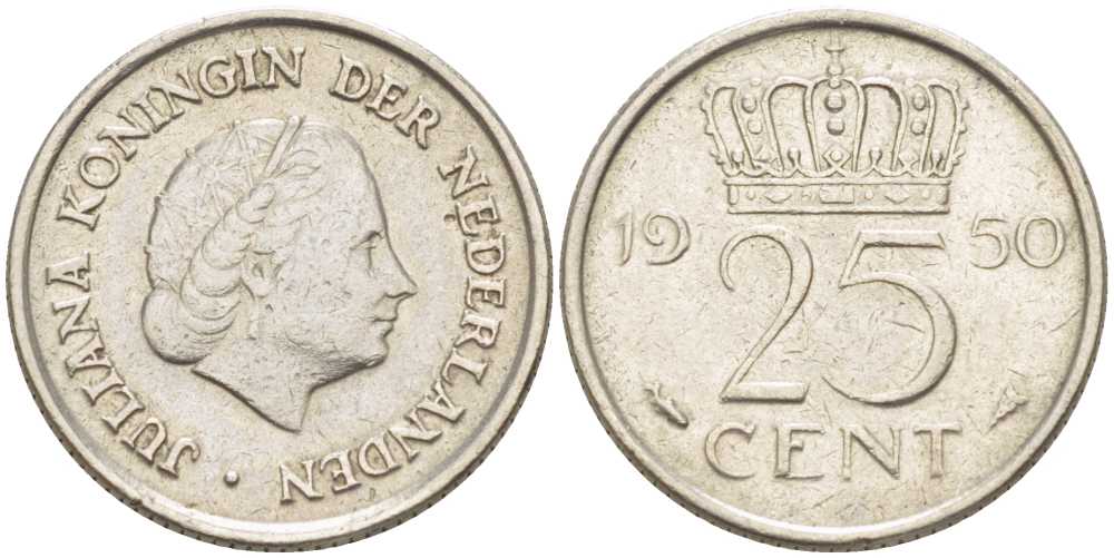 НИДЕРЛАНДЫ 25 ЦЕНТОВ 1950 ЮЛИАНА (1948-1980) KM 183 никель 214-915
