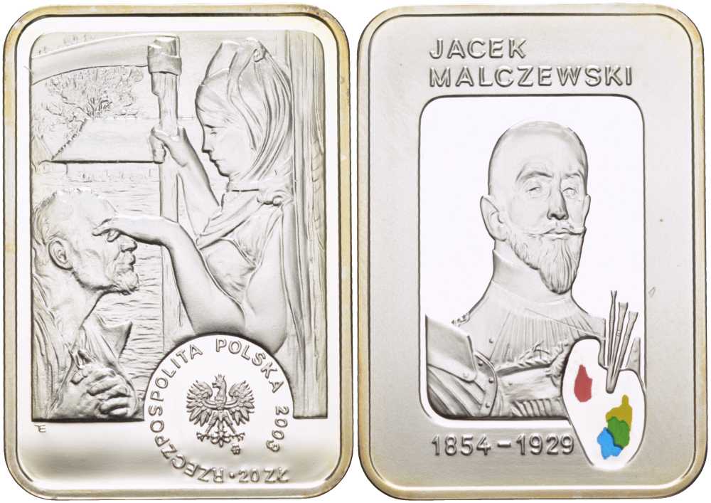 Польша 20 злотых 2003 Ясек Малжевски, аллегория Смерти закрывающей глаза старику, цветная эмаль, в оригинальной пластиковой коробке KM 478 серебро PROOF 3-5-3-42