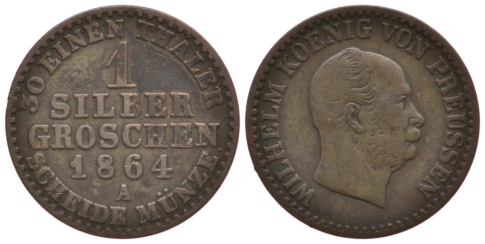 Пруссия 1 грош 1864 А, Вильгельм I (1861-1888) KM 485, Olding 415, AKS 103, Jaeger 89 серебро 186-632