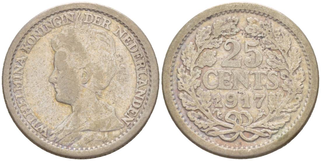 Нидерланды 25 центов 1917 Вильгельмина (1890-1948) KM 146 серебро 4548-845
