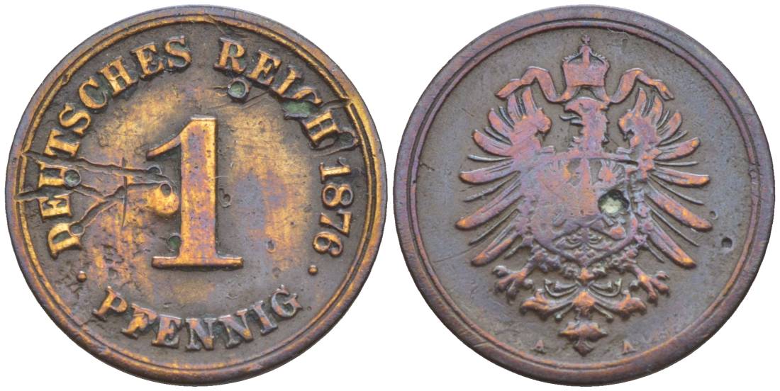 ГЕРМАНИЯ 1 ПФЕННИГ 1876 А, СТАРОГЕРБОВКА KM 1, Jager. 1, Weege 1 медь 4528-1062