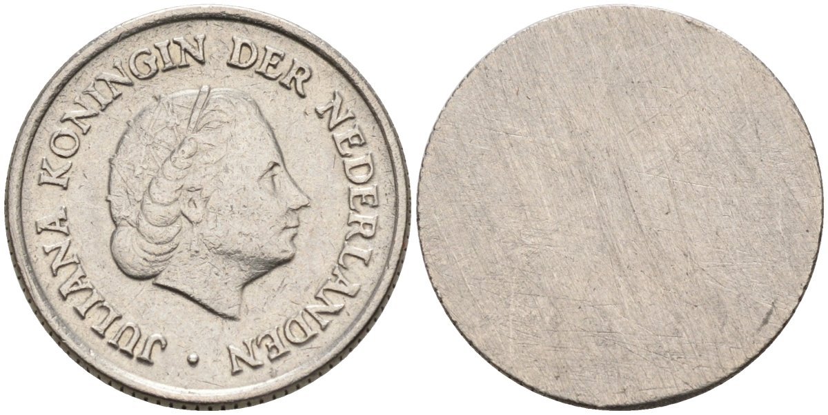 Нидерланды 25 центов Юлиана, брак чекана, односторонний оттиск аверса KM 204 никель 4576-851