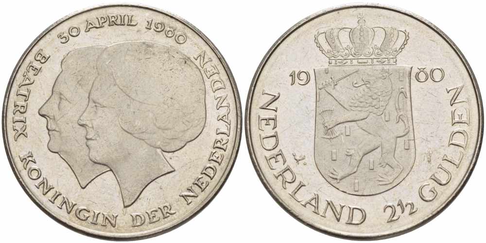 Нидерланды 2 1/2 гульдена 1980 коронация Беатрикс, 30 апреля 1980 KM 201 никель 38-841