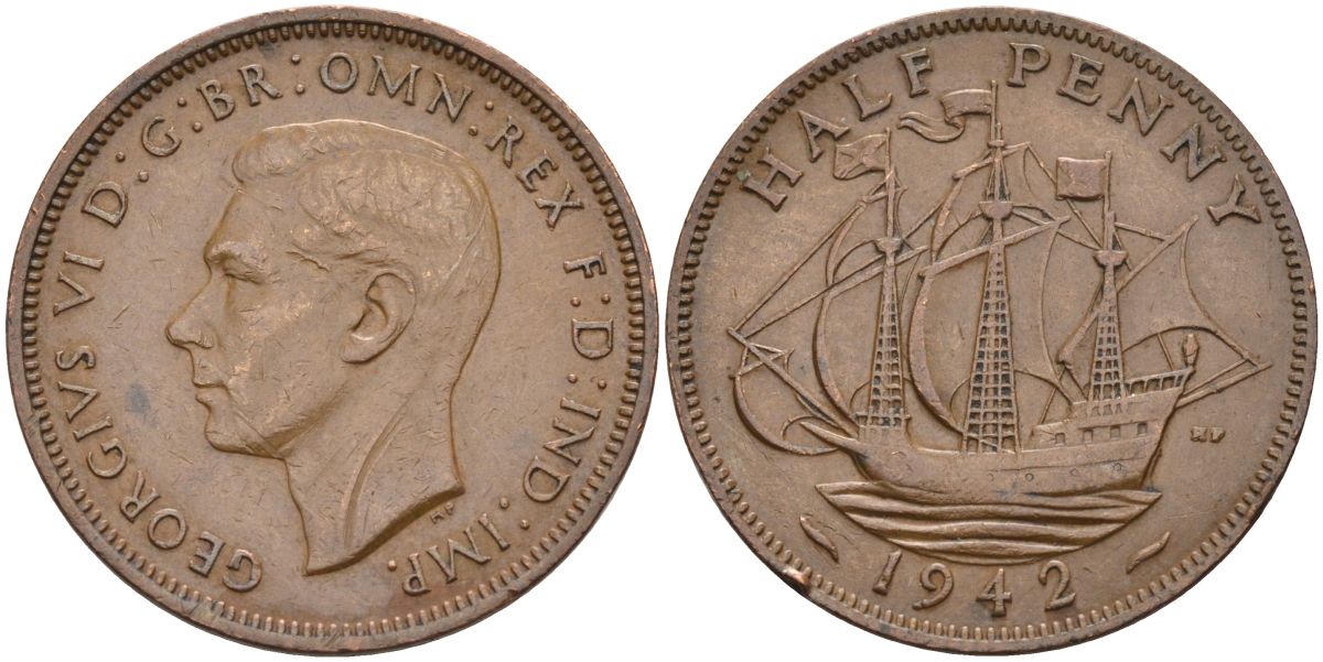 Великобритания 1/2 пенни 1942 Георг VI (1936-1952) KM 844, Spink 4115 бронза 4592-1127
