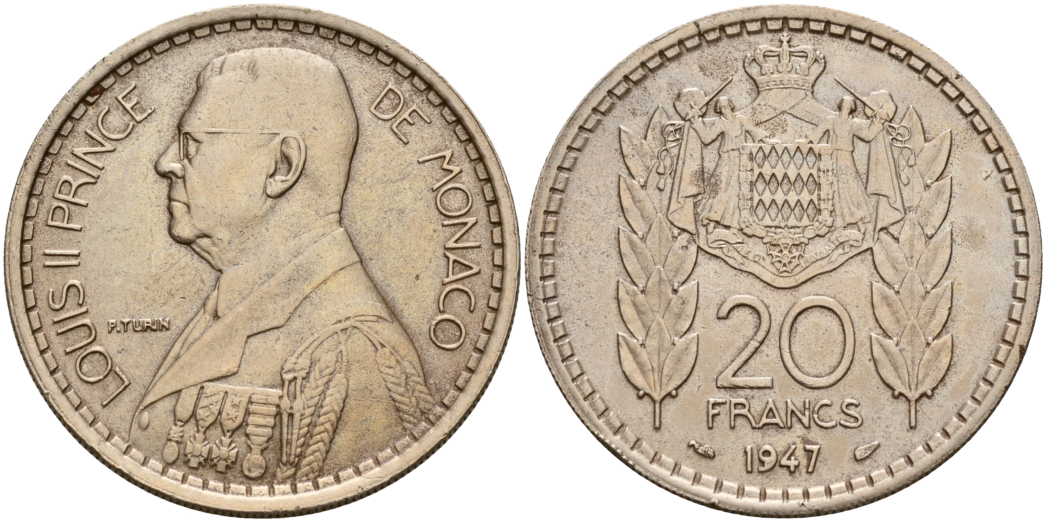 Монако 20 франков 1947 Луи II (1922-1949) KM 124 медно-никель  UNC  4599-616