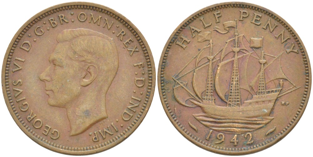 Великобритания 1/2 пенни 1942 Георг VI (1936-1952) KM 844, Spink 4115 бронза 4538-215