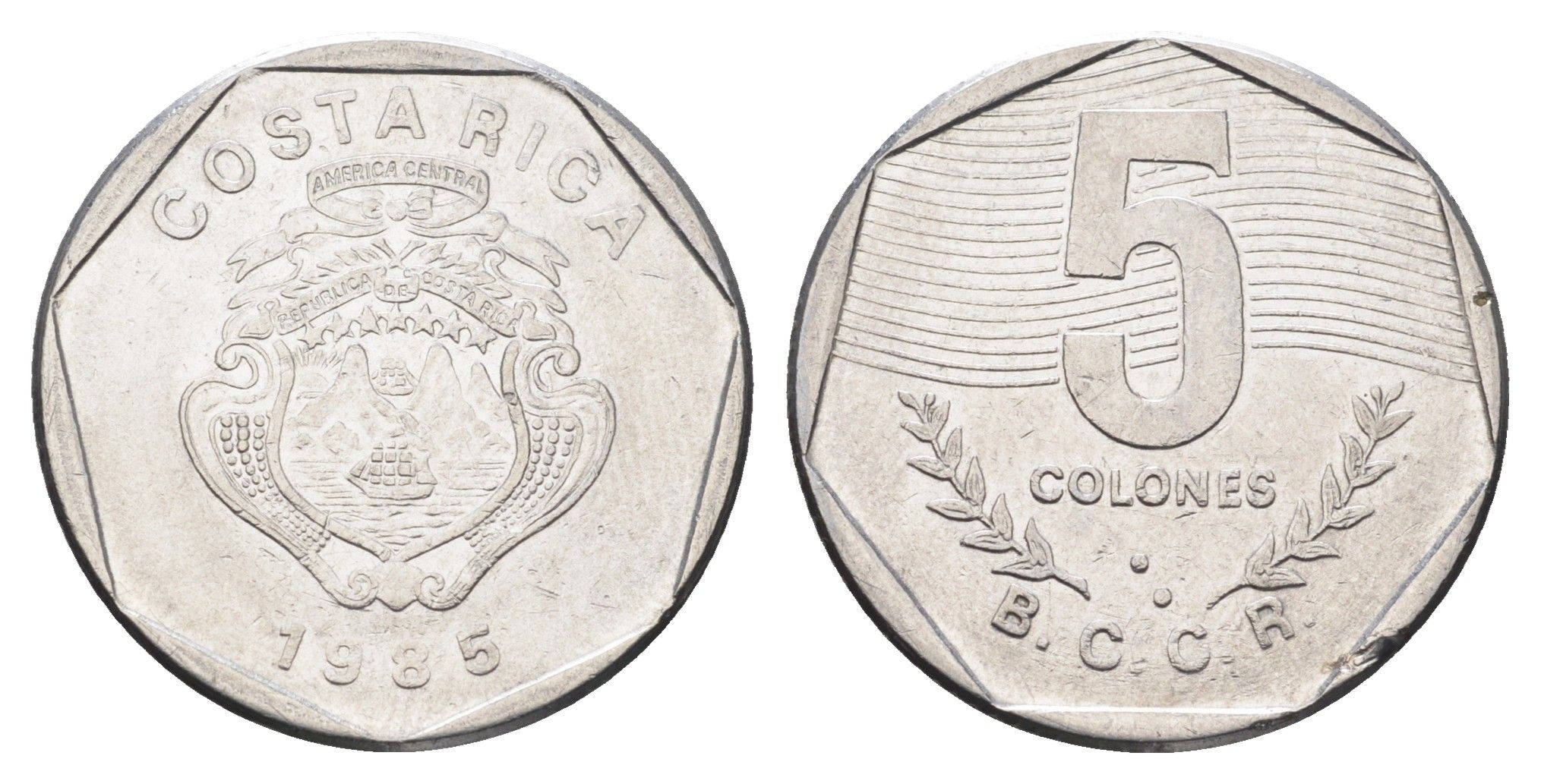 Коста-Рика 5 колонов 1985 год-тип KM 214.2 нержавеющая сталь 4663-945