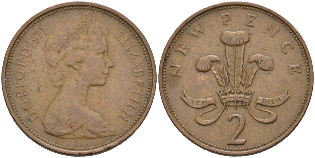 Великобритания 2 пенса 1971 Елизавета II (1952-2022) KM 916, Spink 4235 (C1) бронза 4571-155