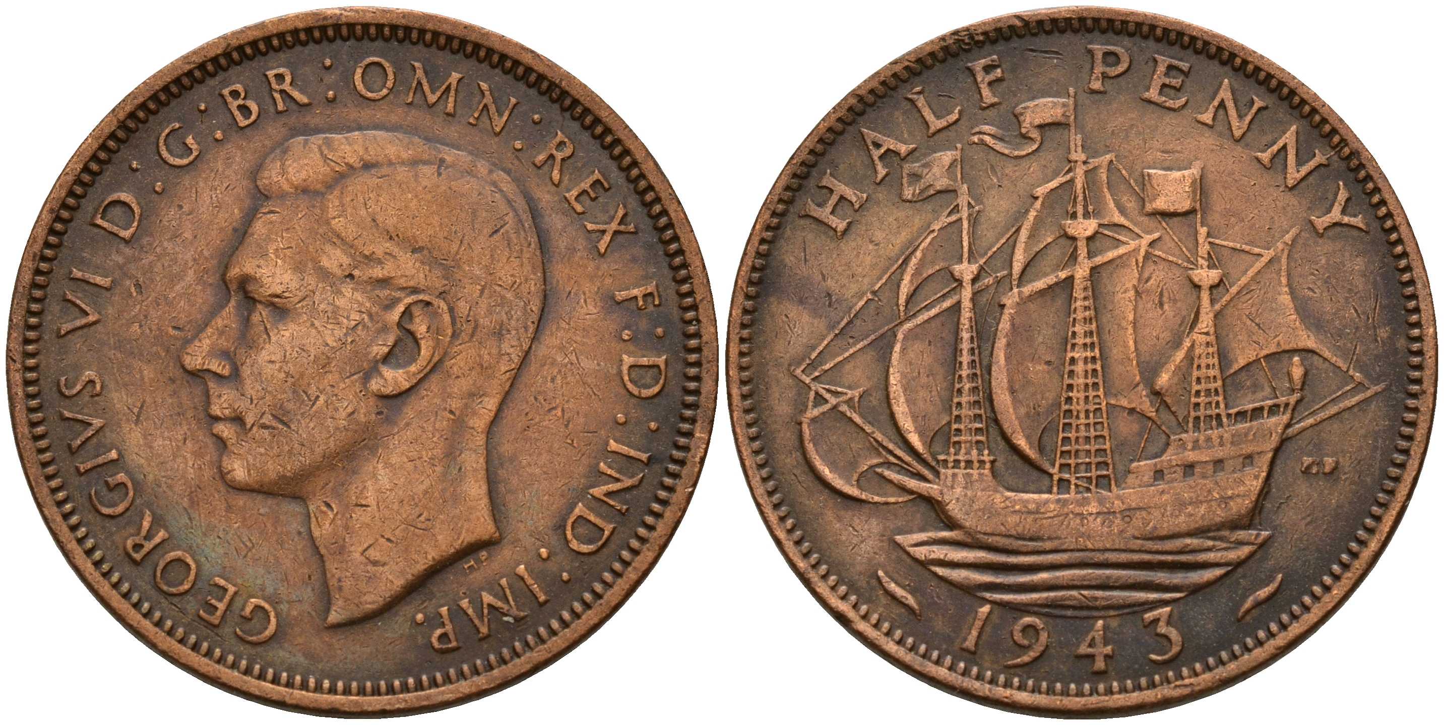 Великобритания 1/2 пенни 1943 Георг VI (1936-1952) KM 844, Spink 4115 бронза    4603-856