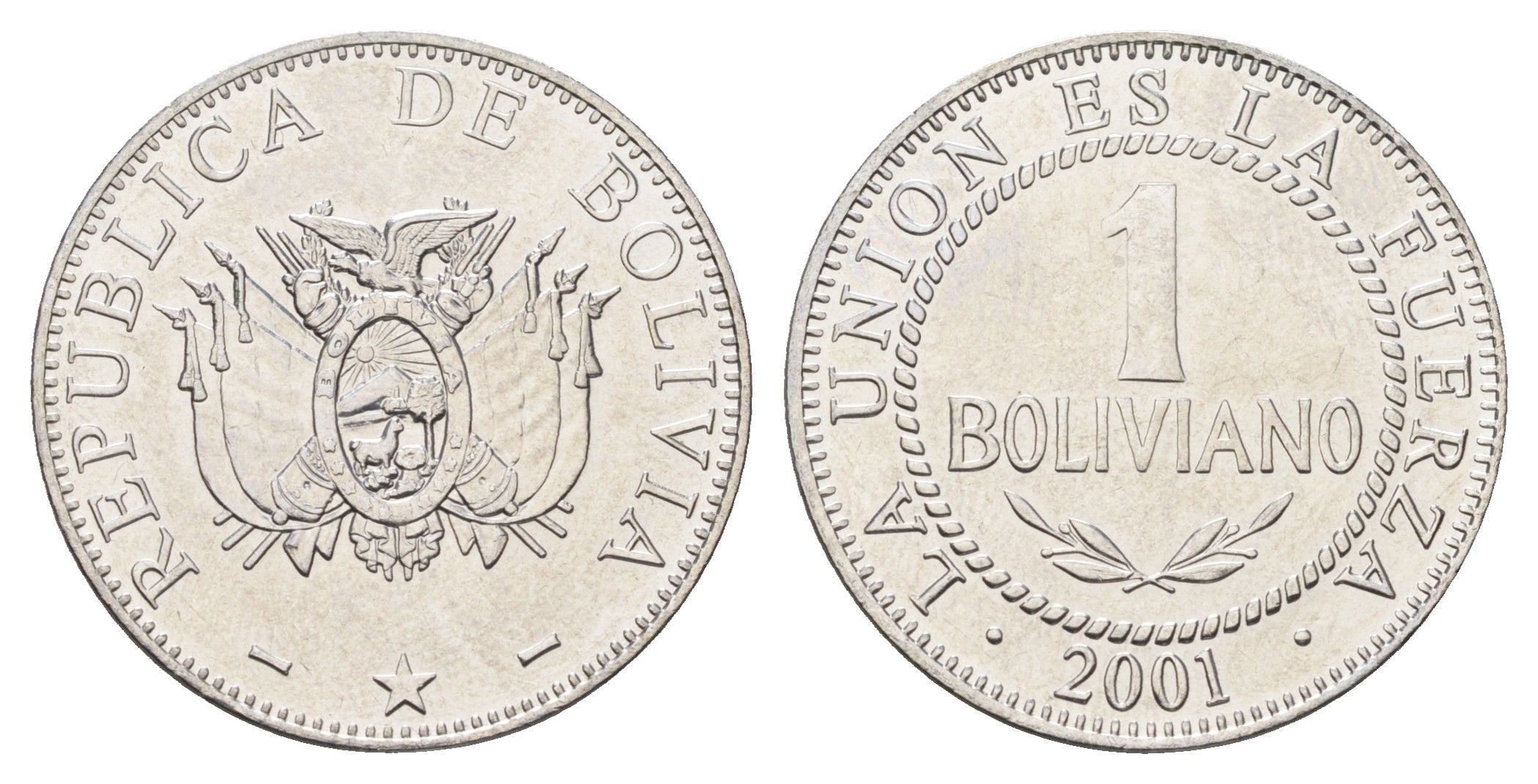 Боливия 1 боливиано 2001 KM 205 нержавеющая сталь UNC 4662-526