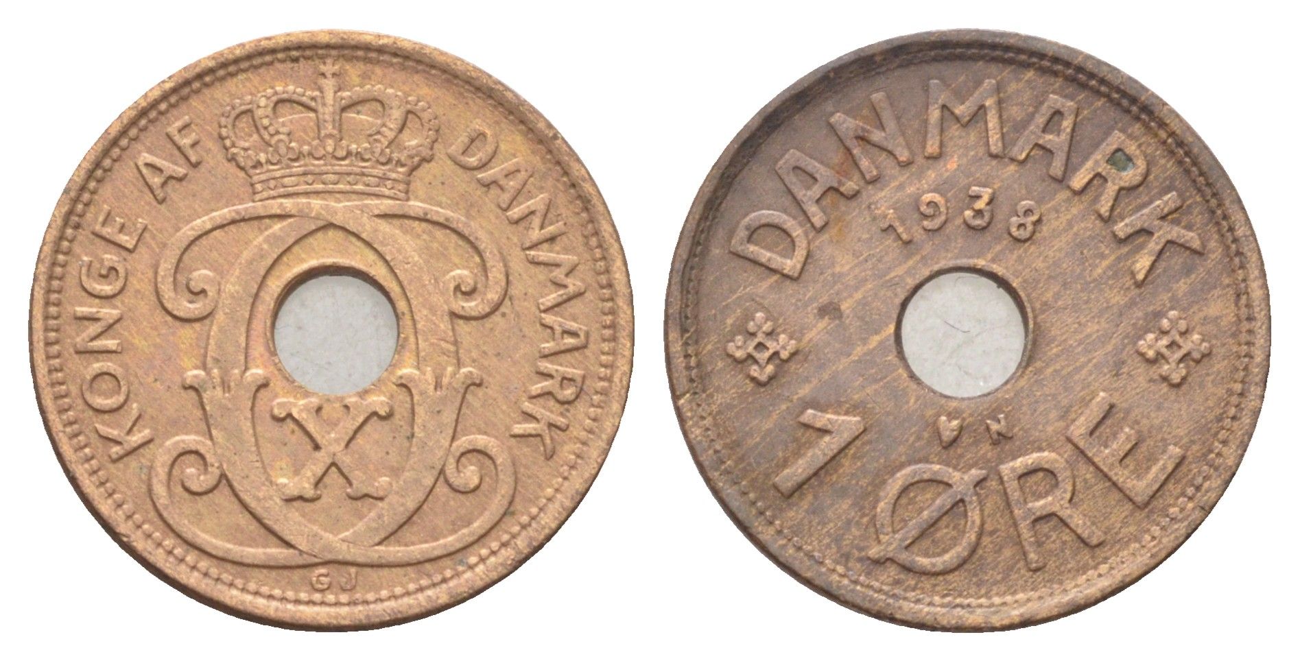 Дания 1 эре 1938 N, Кристиан X (1912-1947) KM 826 бронза 4701-616