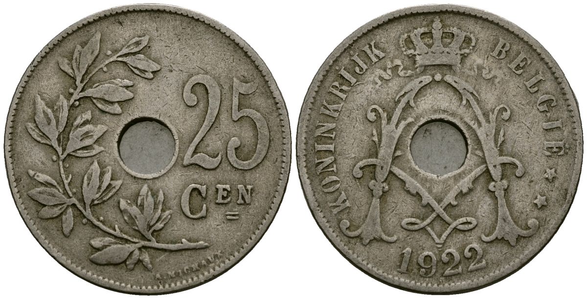 Бельгия 25 сантимов 1922 Belgie KM 69 медно-никель 4165-826