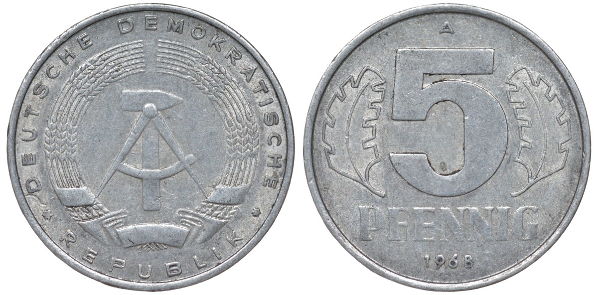 ГДР 5 ПФЕННИГОВ 1968 A KM 9.1 алюминий 62-127
