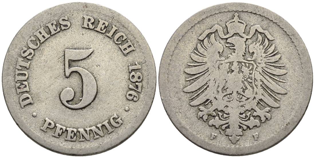 ГЕРМАНИЯ 5 ПФЕННИГОВ 1876 F, СТАРОГЕРБОВКА KM 3, Jager 3, Weege 5 медно-никель 4546-1046