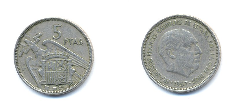 ИСПАНИЯ 5 ПЕСЕТ 1957 ФРАНСИСКО ФРАНКО ДИКТАТОР ИСПАНИИ (1939-1975) KM 786 медно-никель 54-1245