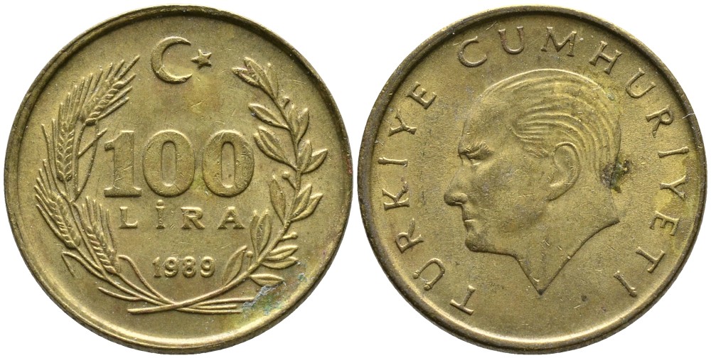 Турция 100 лир 1989 Кемаль Ататюрк KM 988 алюминиевая бронза 4541-425