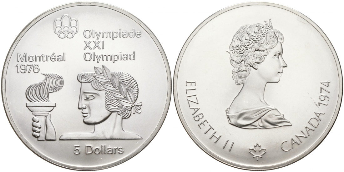 Канада 5 долларов 1974 XXI летние Олимпийские игры в Монреале 1976 года, атлет в Олимпийским огнем KM 90 серебро UNC 1091-2-63