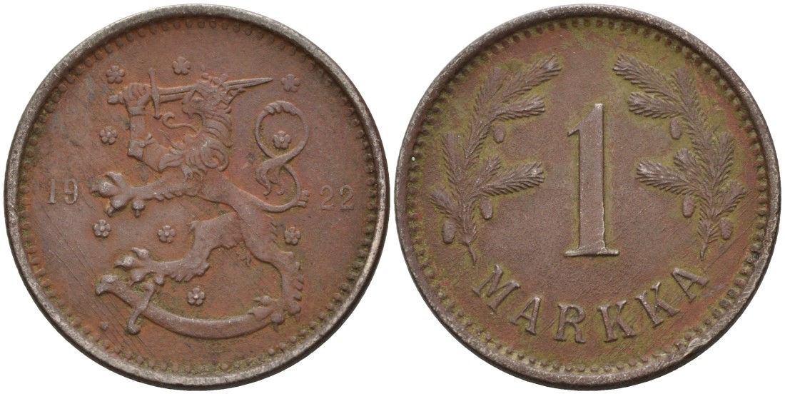 ФИНЛЯНДИЯ 1 МАРКА 1922 Heart KM 27 медно-никель 4563-555