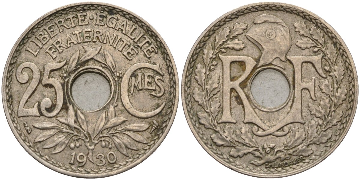 Франция 25 сантимов 1930 KM 867a, Le Franc 171.7 медно-никель 4143-436