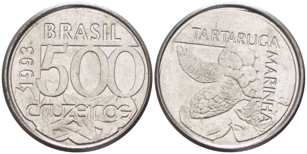Бразилия 500 крузейро 1993 морская черепаха KM 624 нержавеющая сталь 4396-1025