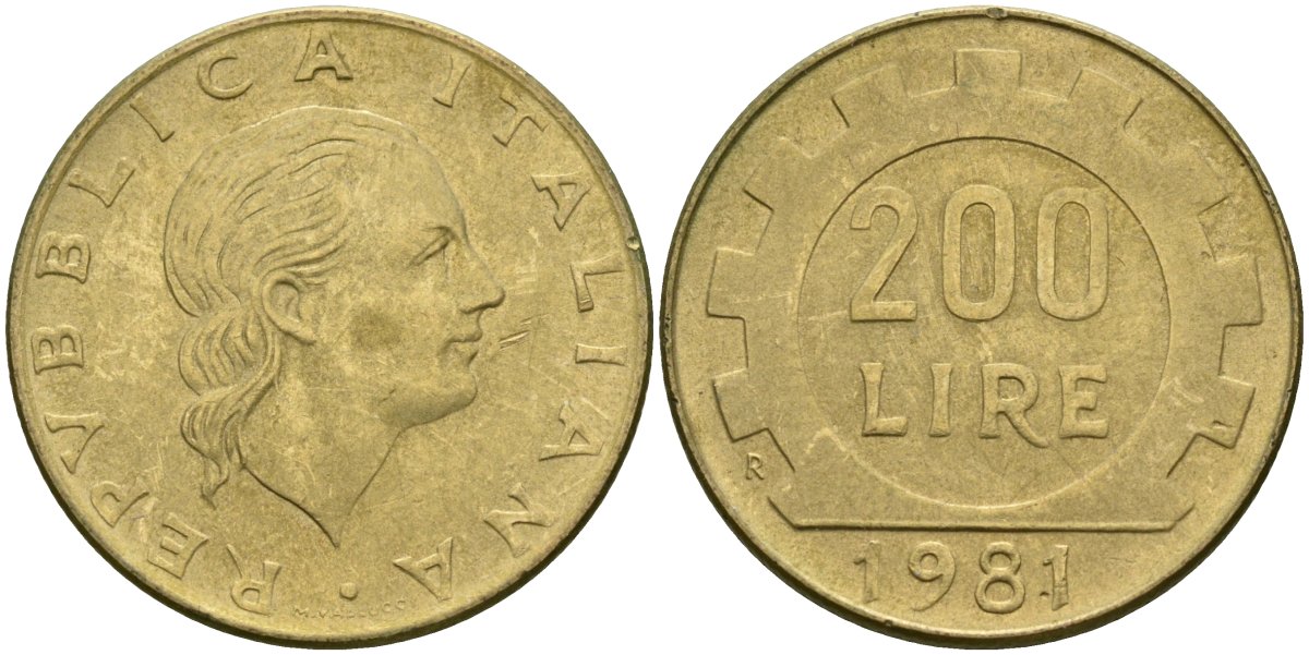 Италия 200 лир 1981 R, шестерня KM 105 алюминиевая бронза 4171-955