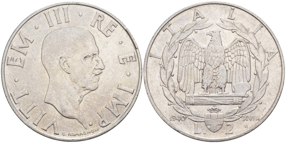 ИТАЛИЯ 2 ЛИРЫ 1940 R, ГОД XVIII, ВИКТОР ЭММАНУИЛ III (1900-1946), МАГНИТНАЯ, ГУРТ РИФЛЁНЫЙ KM 78b, VEM3. 1154 нержавеющая сталь 3855-246