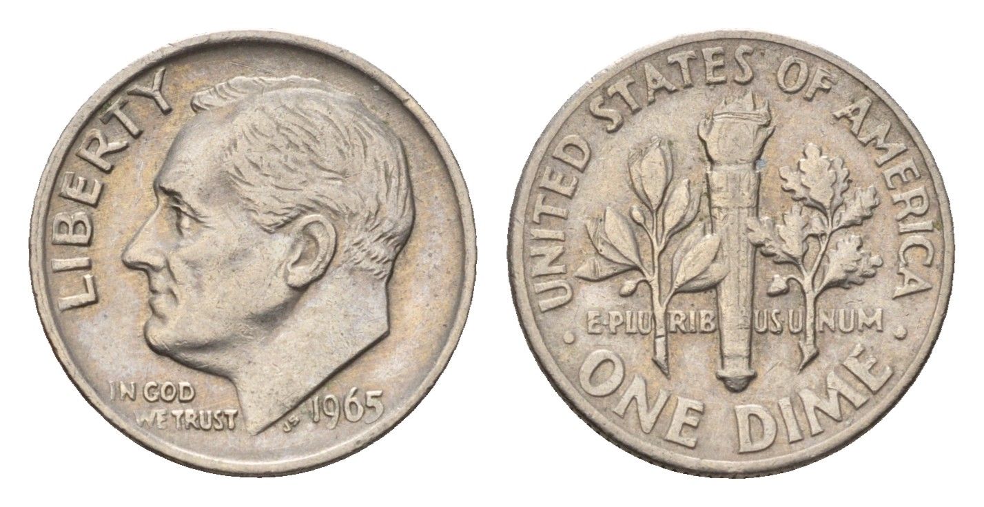 США 1 дайм (10 центов) 1965 Рузвельт KM 195a медь плакированная медно-никелем 4685-522