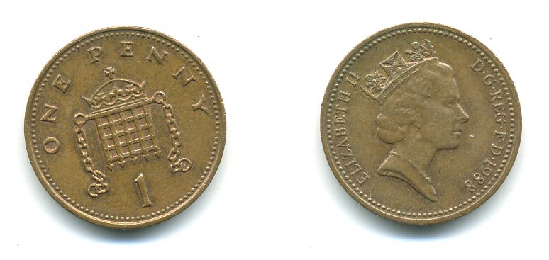 Великобритания 1 пенни 1988 Елизавета II (1952-2022) KM 935, Spink 4381 (B3) бронза 540-222