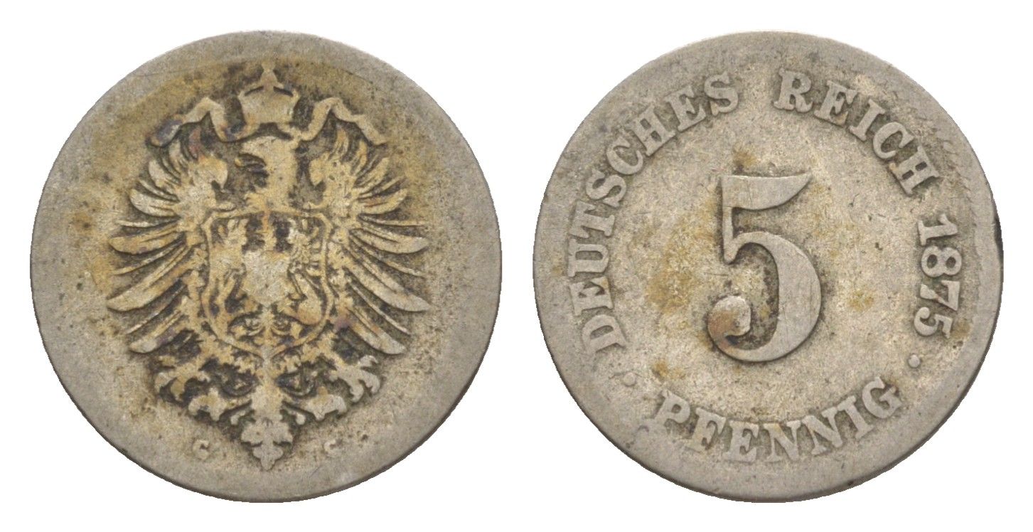 Германия 5 пфеннигов 1875 G, Вильгельм I (1871-1888) KM 3, J. 3, Weege 5 медно-никель 4639-1246