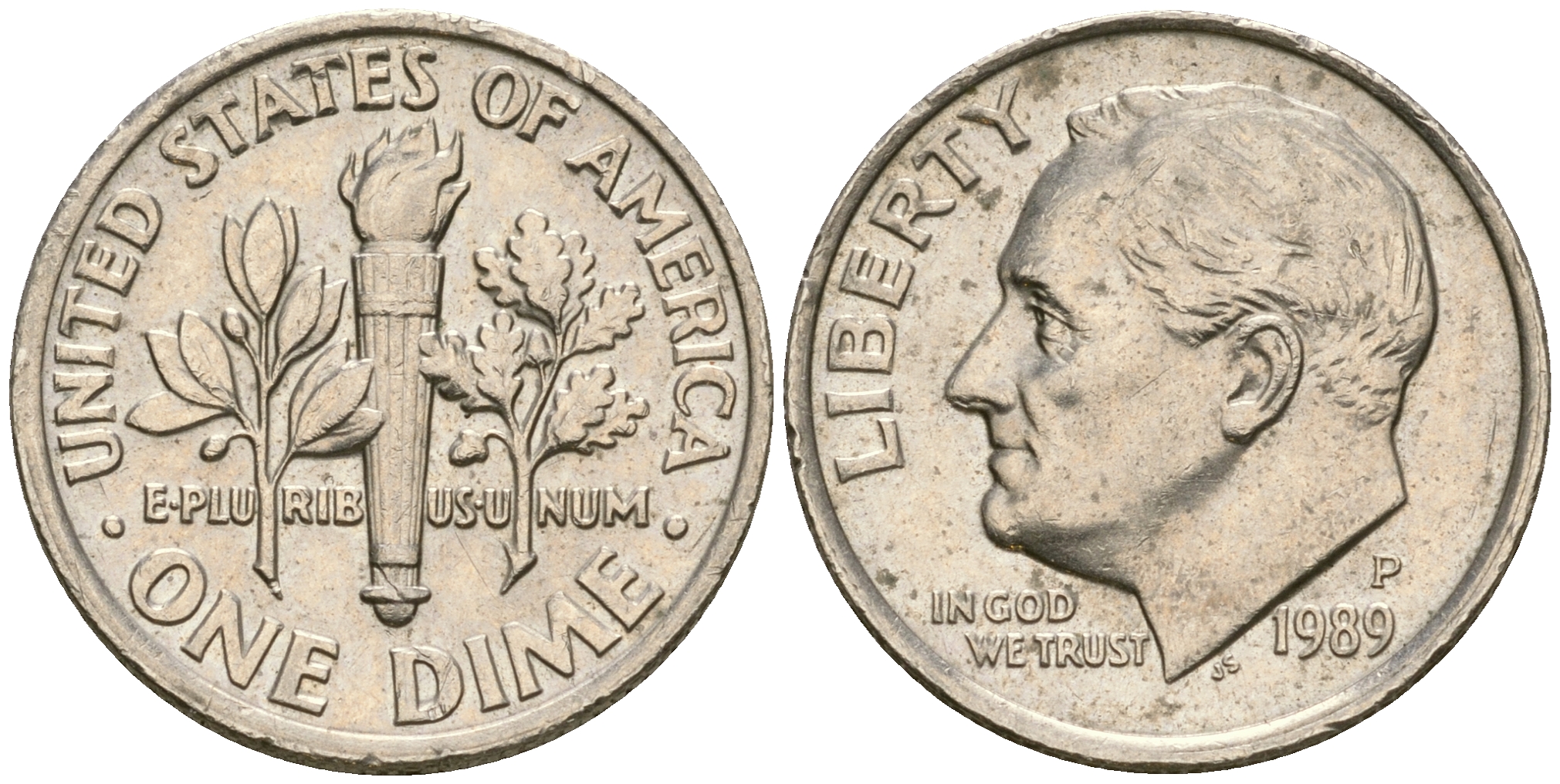 США 1 дайм - 10 центов 1989 P, Рузвельт KM 195а медь плакированная медно-никелем    4608-637