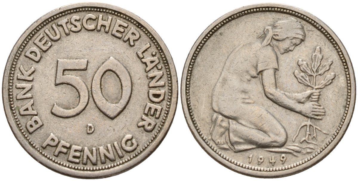 ФРГ 50 пфеннигов 1949 D KM 104, J. 379 медно-никель 4597-1135