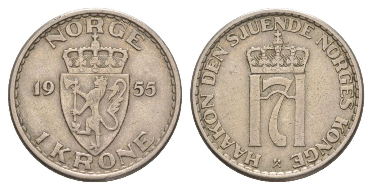 Норвегия 1 крона 1955 Хокон VII (1905-1957) KM 397 медно-никель 4635-633