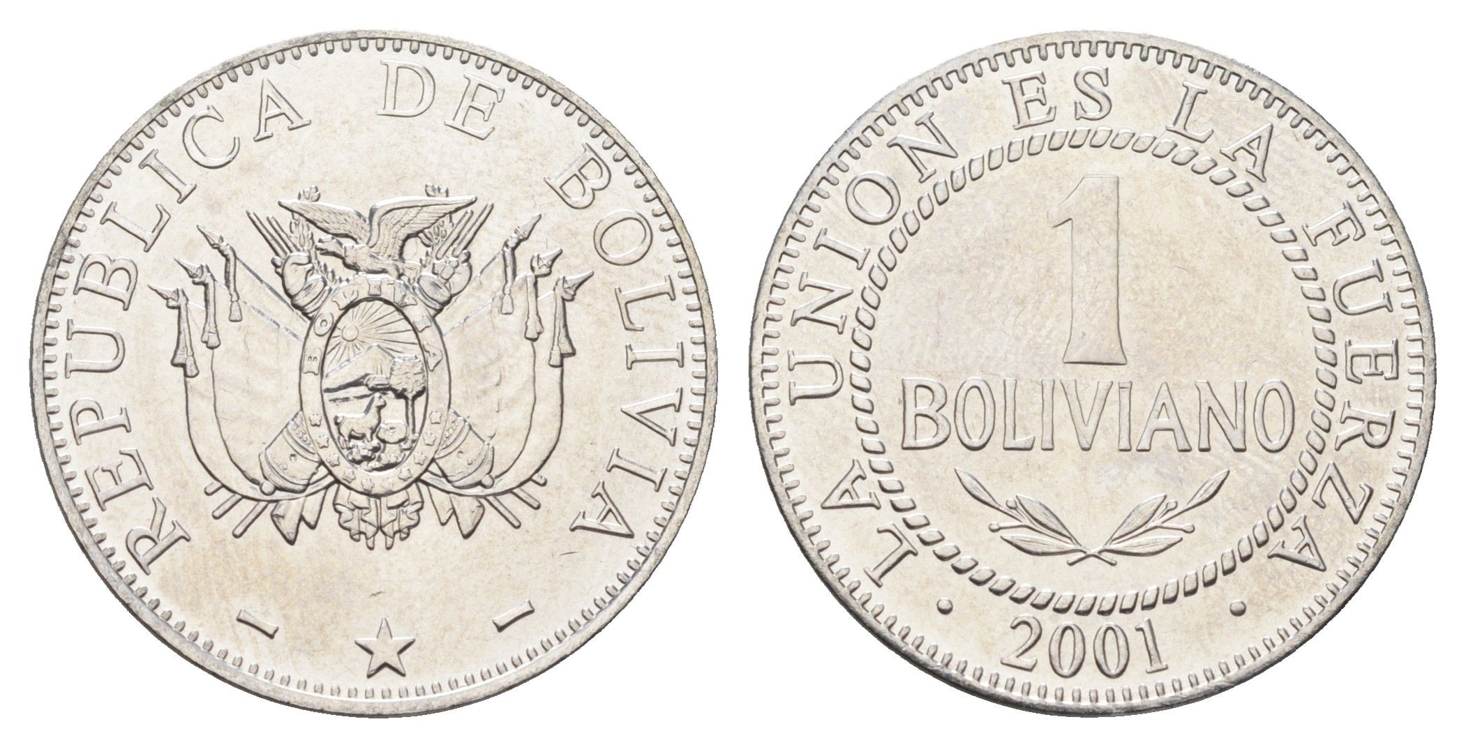 Боливия 1 боливиано 2001 KM 205 нержавеющая сталь UNC 4662-525