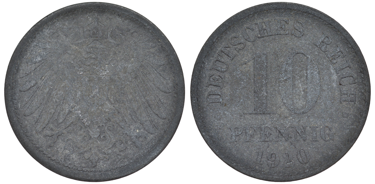 ГЕРМАНИЯ 10 ПФЕННИГОВ 1920 KM 26, J. 299 цинк 45-1264