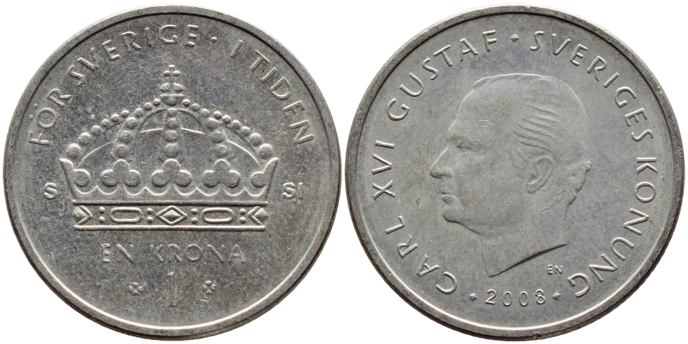 Швеция 1 крона 2008 Карл XVI Густав (1973- ) KM 894 медно-никель 87-746