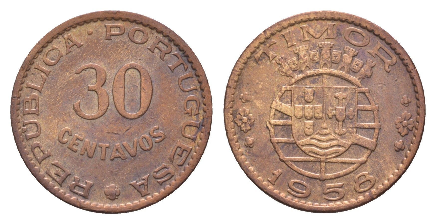 Португальский Тимор 30 сентаво 1958 год-тип KM 11 бронза 413-1412