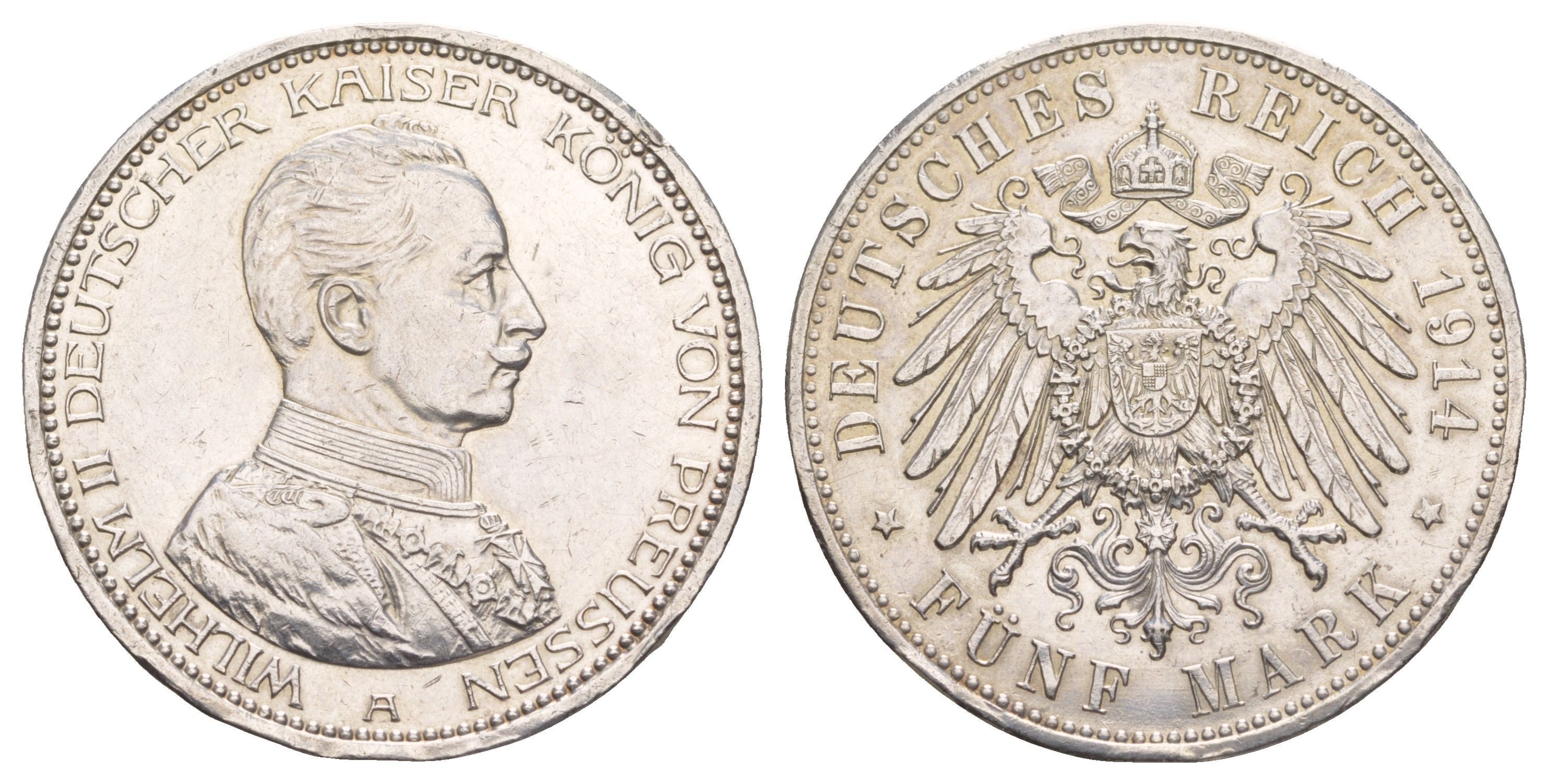 Пруссия 5 марок 1914 A, Вильгельм II (1888-1918) KM 536, J. 114, Weege 114 серебро aUNC 1520-835