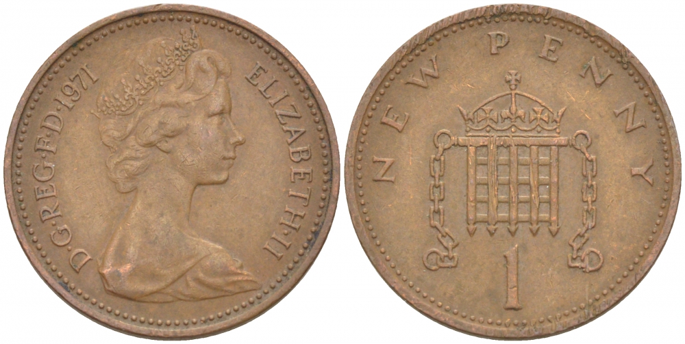 Великобритания 1 пенни 1971 Елизавета II (1952-2022) KM 915, Spink 4237 (B1) бронза 112-1011