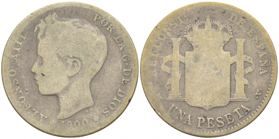 Испания 1 песета 1900 (00) SM-V, АЛЬФОНСО XIII (1886-1931) KM 706 (Y88) серебро 186-135