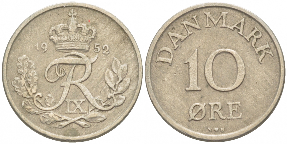 ДАНИЯ 10 ЭРЕ 1952 N; S, ФРЕДЕРИК IX (1947-1972) KM 841.1 медно-никель 3718-338