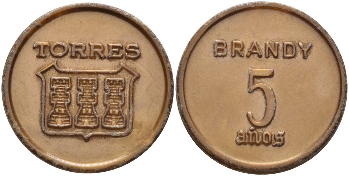 Испания рекламный жетон ND TORRES, BRNDY 5 ANOS, диаметр 25 мм., коричневый пластик 4584-855