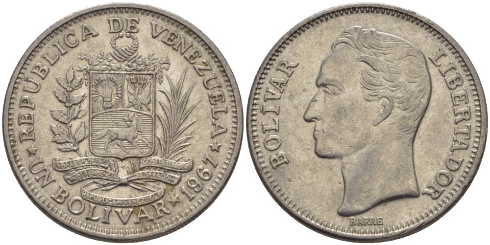 Венесуэла 1 боливар 1967 Симон Боливар KM 42 никель 31-533
