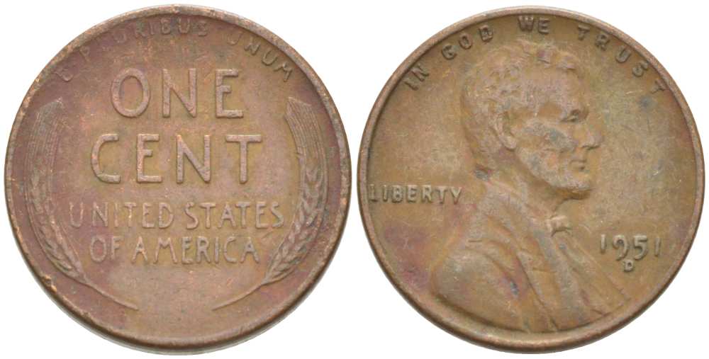 США 1 ЦЕНТ 1951 D, ЛИНКОЛЬН KM А132 медь цинк 218-555