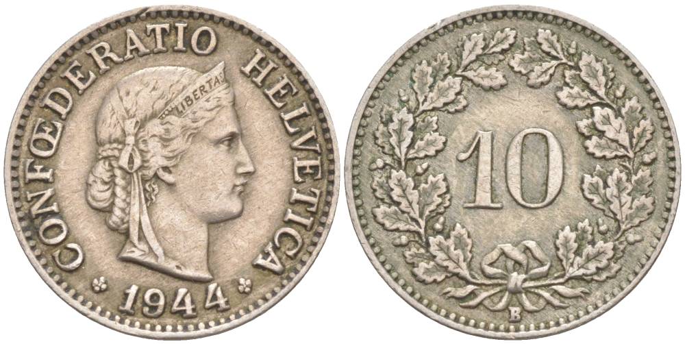 ШВЕЙЦАРИЯ 10 РАППЕНОВ 1944 В KM 27 медно-никель 201-434