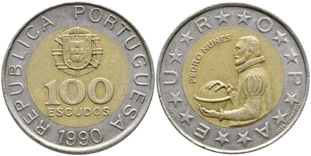 Португалия 100 эскудо 1990 Педру Нуниш (1502-1578), математик KM 645.1 биметалл 4388-447