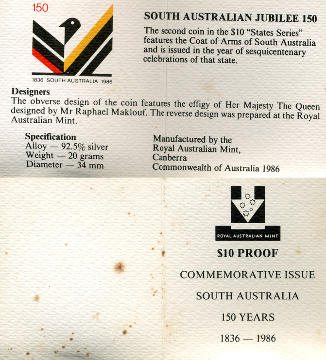 Австралия 10 долларов 1986 150 лет штату Южная Австралия, в оригинальной коробке, с сертификатом KM 88 серебро PROOF 4-3-4-36