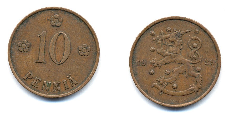 Финляндия 10 пенни 1929 республика (1918-1962) KM 24 медь 46-1653
